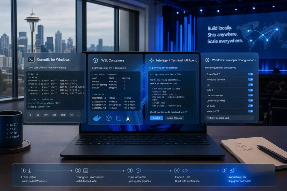 Laptop screen shows Windows developer tools and WSL containers with coding features in a city office setting.