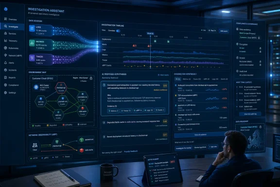 Team member reviews a cyber incident on an AI-powered investigation dashboard with logs, metrics, and timelines.
