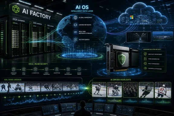 Futuristic AI server room with cloud data layer, “AI Factory” branding, and security hardware visualization.
