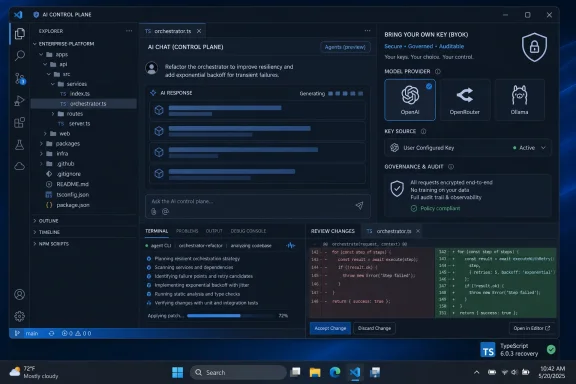 Developer IDE screen showing AI-assisted code review and orchestration with “Bring your own key” security panel.