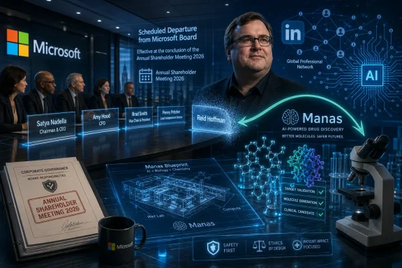 Microsoft boardroom scene with executives and an AI drug-discovery “Manas” hologram, featuring “Annual Shareholder Meeting 2026” text.
