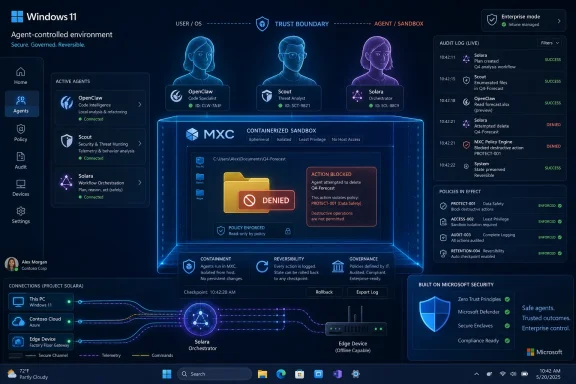 Microsoft Windows 11 security dashboard shows agent sandboxing with audit logs and denied destructive actions.