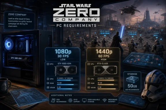 Star Wars: Zero Company ZER0-tm, PC requirements overlay beside gaming PC and Clone troopers.