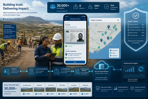 Construction workers in Eastern Cape use a mobile system to verify attendance, locations, and audit trails on a digital dashboard. Construction workers in Eastern Cape use a mobile system to verify attendance, locations, and audit trails on a digital dashboard.