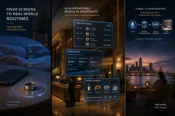 Futuristic hotel lobby with holographic screens showing AI operations, staffing, pricing, and meal tracking.