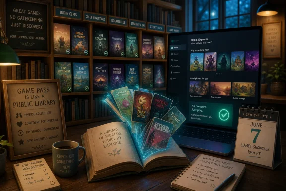 Cozy game library scene with an open book, game cards, and a laptop showing a curated play menu.