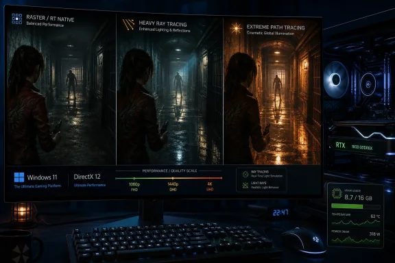 Gaming setup displays an RTX ray-tracing performance comparison on a monitor with a dark corridor scene.