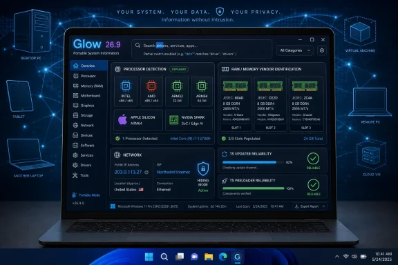 Laptop display shows Glow 26.9 system information app with CPU, RAM, network, and reliability status.
