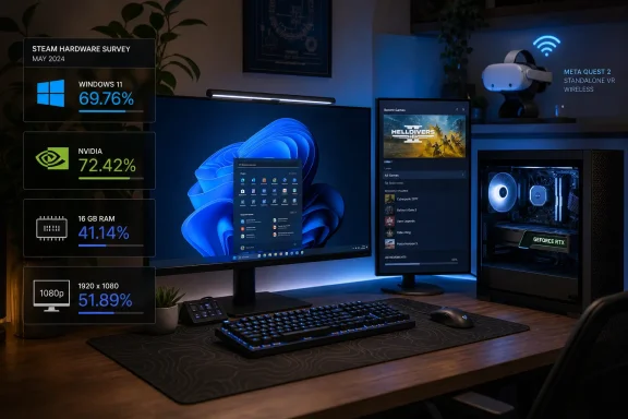 A gaming setup with Steam Hardware Survey stats overlaying Windows 11, Nvidia, RAM, and VR headset.
