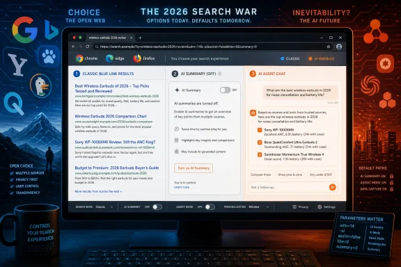 Futuristic AI search interface on a monitor showing wireless earbuds results and options.