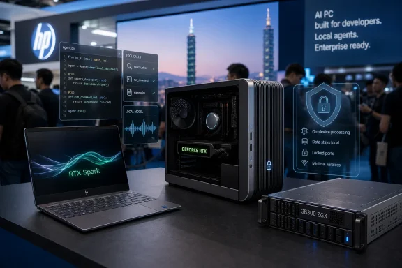 HP RTX Spark mini PC demo at a tech expo, with AI tool-call UI overlays and security status on-screen.