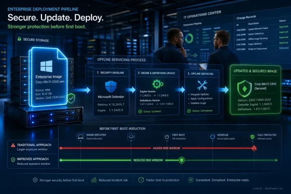 Enterprise secure update-deploy pipeline with offline servicing, security baseline, and fully protected Windows image.
