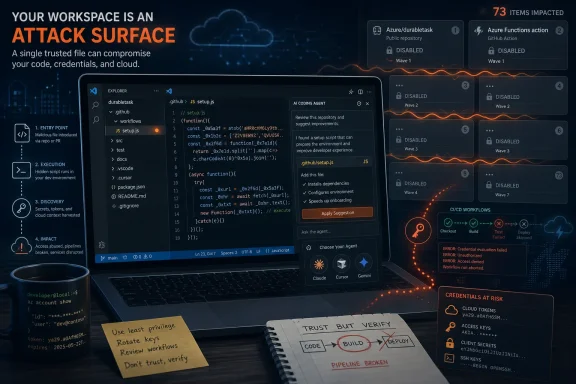 Cybersecurity-themed image showing a laptop coding interface with an attack-surface warning and CI/CD pipeline alerts.