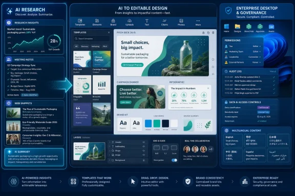 Futuristic AI dashboard showing editable designs, research insights, and enterprise governance controls. Futuristic AI dashboard showing editable designs, research insights, and enterprise governance controls.