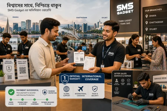 SMS Gadget store staff delivers a warranty card and bill to a customer, with warranty and service graphics shown.