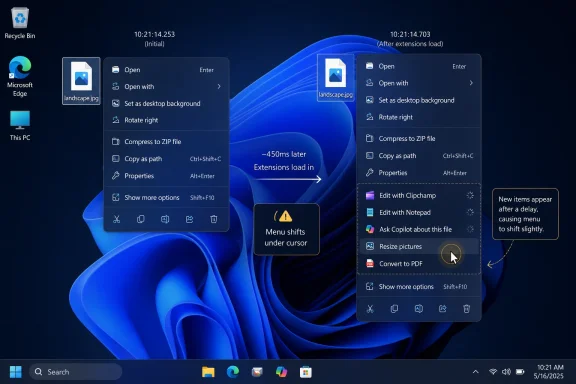 Windows 11 right-click menu for “landscape.jpg” with a “menu shifts under cursor” warning.