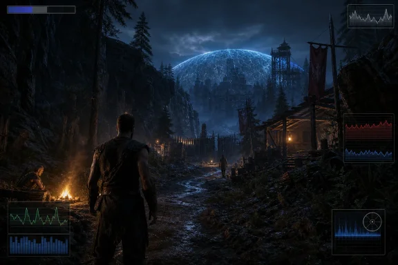 Moody sci‑fi game scene: a lone figure walks a snowy path toward a glowing dome in a forest.