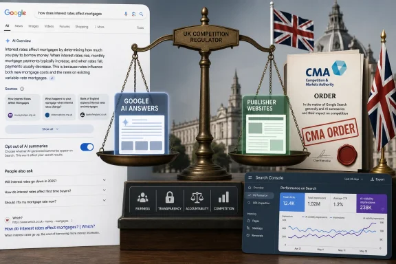 Google AI answers and CMA regulator weighing mortgage interest-rate impact in a UK competition-themed graphic.