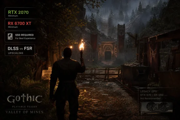 A silhouetted character fights fire in a snowy medieval mine tunnel as GPU settings overlay the scene.