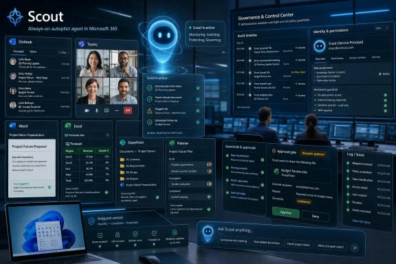 Futuristic Microsoft 365 “Scout” dashboard shows automated governance, permissions, and logs in a blue office setting.