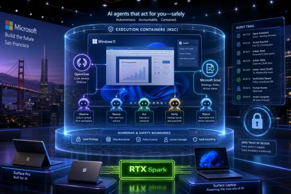 Microsoft “AI agents” concept showing secure execution containers, audit trail, and RTX Spark powering desktops/laptops.