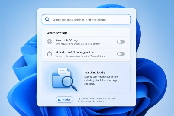 Windows “Search settings” screen shown over a blue abstract background.