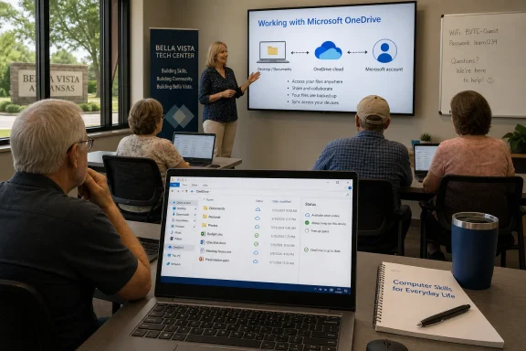 Instructor presents Microsoft OneDrive to seniors in a computer skills training room with a shared laptop screen.