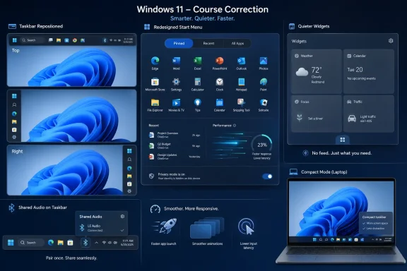 Promotional graphic for Windows 11 showing redesigned Start menu, widgets, and taskbar updates.