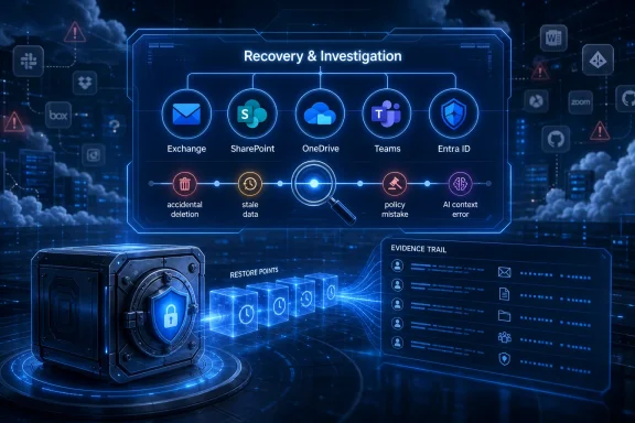 Blue cybersecurity infographic showing Recovery & Investigation tools, restore points, and evidence trail.