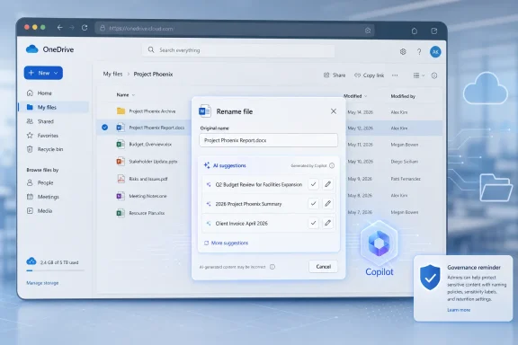 OneDrive interface shows a “Rename file” dialog with AI suggestions in a file management window. OneDrive interface shows a “Rename file” dialog with AI suggestions in a file management window.
