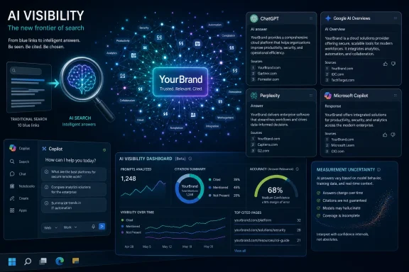 AI Visibility dashboard graphic showing “YourBrand” insights, citations, and confidence metrics across search platforms.