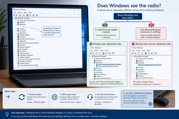Diagram shows how to tell if Windows detects a Bluetooth radio via Device Manager, with next troubleshooting steps.