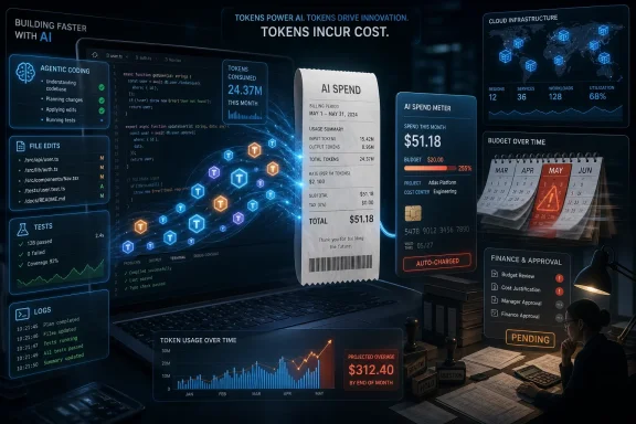 Digital dashboard shows AI token usage and cloud spend, with a “AI SPEND” receipt and budget charts.