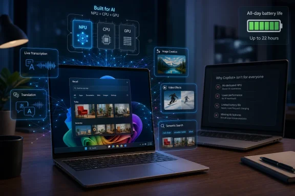 AI laptop concept showing NPU/CPU/GPU features like transcription, translation, image creation, and semantic search.