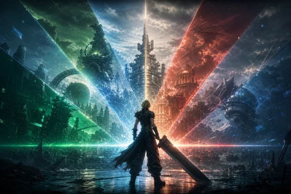 Silhouetted warrior stands between neon green and red portals amid a futuristic cityscape at dusk.