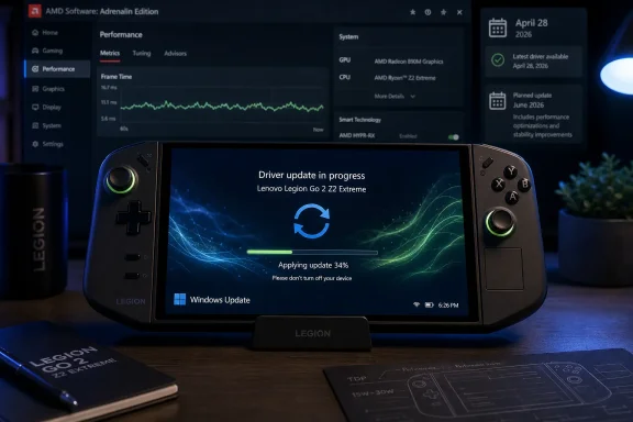 Lenovo Legion handheld shows a Windows driver update in progress at 34% with AMD software UI in the background.