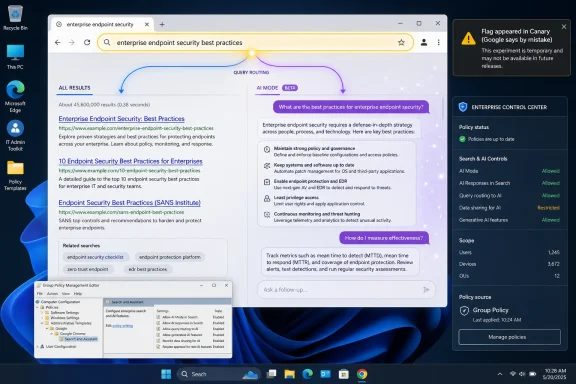 Windows desktop shows a web search and endpoint security policy dashboard with canary flag and control-center status.