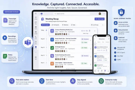 A laptop and phone display meeting recaps with secure access controls and compliance features.