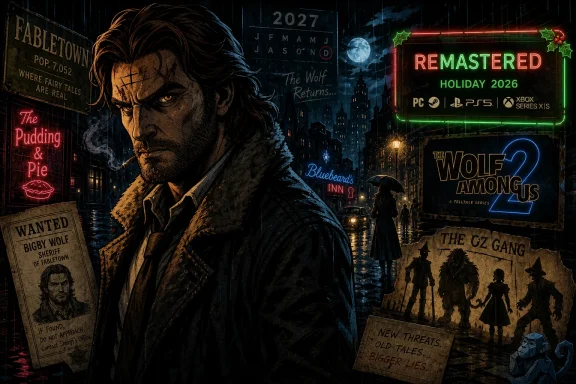 Moody city scene poster collage featuring a noir werewolf man and game remaster/holiday announcements.