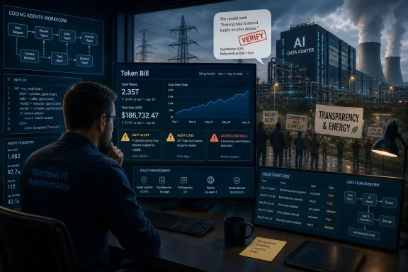 Person at a workstation monitoring an AI data-center dashboard with cost alerts, verification, and audit logs.