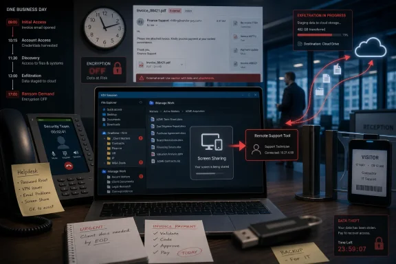Cyberattack-themed office scene showing invoice email, encryption off, data theft alerts, and remote support screen share.