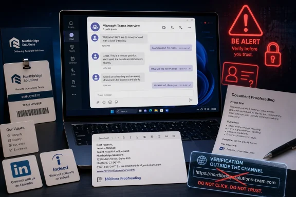 Laptop shows Microsoft Teams interview chat amid warning signs about verification, phishing, and document proofreading.