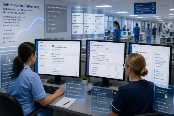 Hospital staff use Microsoft 365 Copilot dashboards on multiple monitors to manage patient admin tasks.