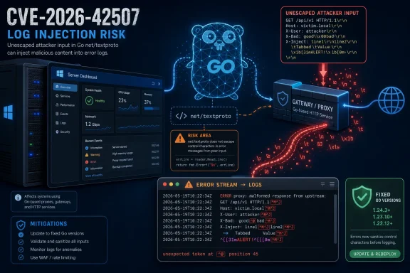 Cybersecurity infographic showing a Go net/textproto unescaped log injection risk (CVE-2026-42507) and mitigations.