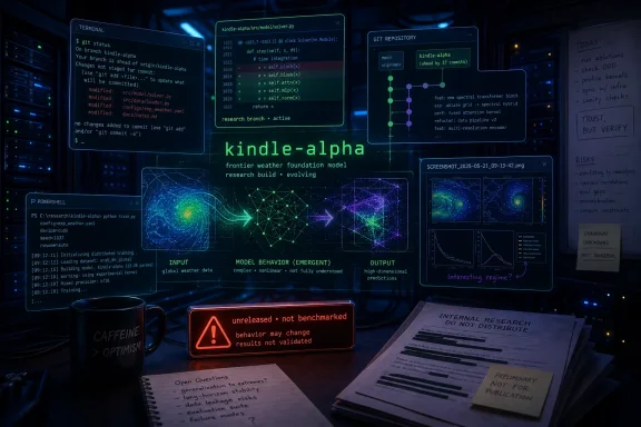 Futuristic “kindle-alpha” research dashboard shows code, Git graphs, and neural-weather visualizations in a server room.