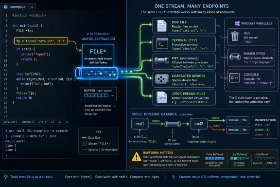 Diagram explaining C streams and how a single FILE* interface maps to files, terminals, pipes, and console I/O.