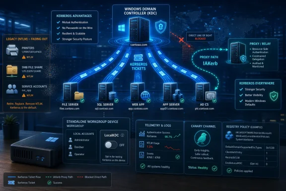 Cybersecurity infographic showing Kerberos ticket flow and KDC benefits, with IAKerb proxy path vs blocked direct path. Cybersecurity infographic showing Kerberos ticket flow and KDC benefits, with IAKerb proxy path vs blocked direct path.
