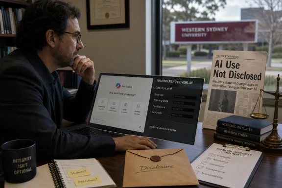 Man works at a laptop with AI transparency overlay while protest signs advocate higher education disclosure. Man works at a laptop with AI transparency overlay while protest signs advocate higher education disclosure.