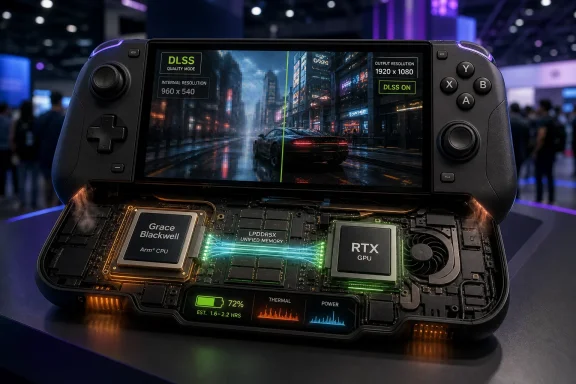 Gaming handheld console with DLSS performance display and visible internal RTX GPU hardware at a tech expo.
