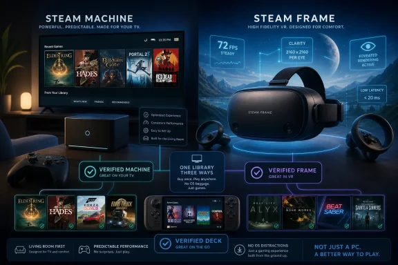 Promotional ad showing a VR headset, console, and controller with “Steam Machine” and “Steam Frame” features.